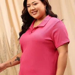 CURVY STREET Plus Size Striped Polo Collar Regular T-shirt image 3