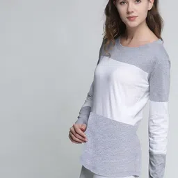 Trends Tower Women Grey Melange & White Colourblocked Pure Cotton T-shirt image 3