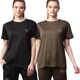 mack jonney Pack of 2 Women Solid Round Neck Polyester Multicolor T-Shirt-picture-35