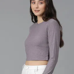 kotty basics Kotty Brown Long Sleeves Crop Slim Fit Cotton Casual T-shirt image 4