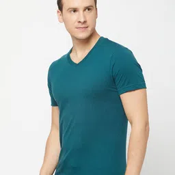 SPORTO Men Turquoise Blue Solid V-Neck Cotton T-shirt image 4