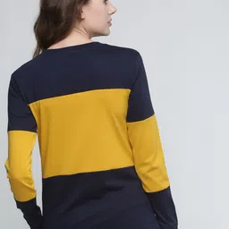 Trends Tower Women Navy Blue & Yellow Colourblocked Pure Cotton T-shirt image 4