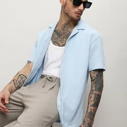 Campus Sutra Blue Classic Textured Cuban Collar Short Sleeves Casual Shirt-image-44