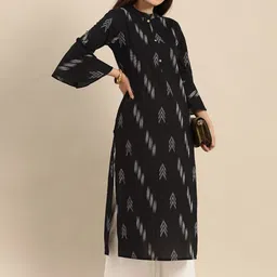 KALINI Abstract Printed Band Collar Bell Sleeves Straight Cotton Kurta image 5