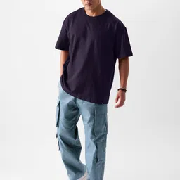 The Souled Store Blue Round Neck Oversized Pure Cotton T-shirt image 5