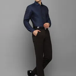 Luxure by Louis Philippe Men Navy Blue Slim Fit Grid Tattersall Checks Striped Formal Shirt image 5