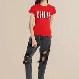 Fabflee Women Red & Blue Pack of 2 Typography Printed Cotton T-shirt image 5