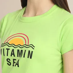 Fabflee Women Fluorescent Green & Peach-Coloured Pack Of 2 Printed Cotton T-shirt image 2