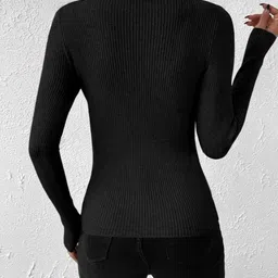 anba Women Striped High Neck Black Sweater image 2