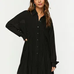 FOREVER 21 Black Shirt Collar Cuffed Sleeves Pleated Shirt Dress image 1