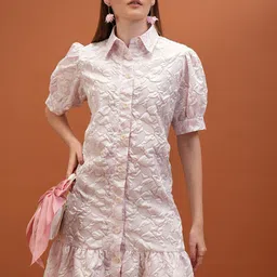 Tokyo Talkies White Self Design Shirt Collar Puff Sleeve Drop Waist Dress-image-7