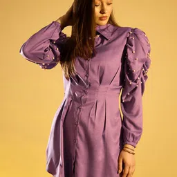 KASSUALLY Purple Pleated Power Shoulder Shirt Dress-picture-19