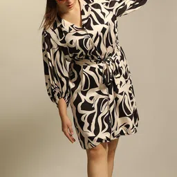 VERO MODA CURVE Abstract Printed Lapel Collar Bishop Sleeve Tie-Up Detailed A-Line Dress-picture-55