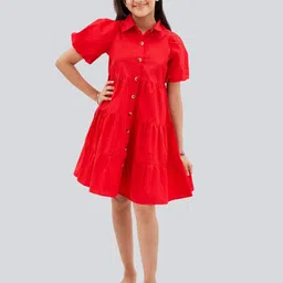 Olele Girls Lucy Shirt Collar Flared Sleeves Gathered & Tiered Cotton Shirt Dress-image-14