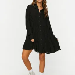 FOREVER 21 Black Shirt Collar Cuffed Sleeves Pleated Shirt Dress image 5
