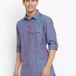 Fabindia Men Blue Striped Short Kurta image 5