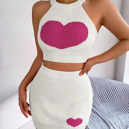 StyleCast x Revolte White Knitted Heart Design Top and Mini Skirt Co-ords image 4