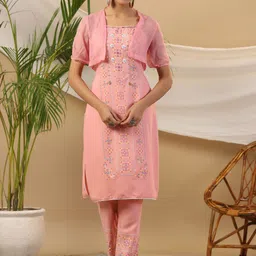 Juniper Ethnic Motifs Printed Sequinned Kurta & Trousers Shrug image 1