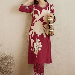 Indo Era Red Floral Printed Sequinned V-Neck Straight Kurta With Salwar image 1