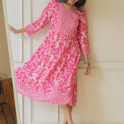 KALINI Floral Printed Round Neck Cotton Fit & Flare Midi Ethnic Dress-picture-10