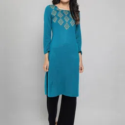 AURELIA Women Teal & Yellow Embroidered Straight Kurta-picture-23