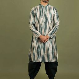 KISAH Men Green Striped Keyhole Neck Thread Work Kurta-picture-18