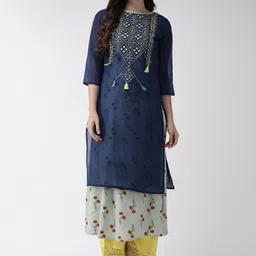 Anouk Navy Blue Floral Embroidered Boat Neck Pure Cotton Straight Kurta-image-59