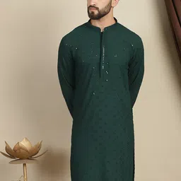 Anouk Green Geometric Embroidered Mandarin Collar Long Sleeves Sequinned Cotton Kurta image 4