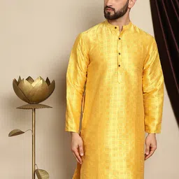 Anouk Yellow Geometric Woven Design Band Collar Jaquard Silk Straight Kurta-image-42