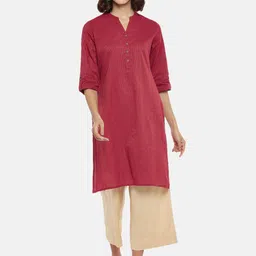 RANGMANCH BY PANTALOONS Women Maroon Striped Cotton Kurta image 1