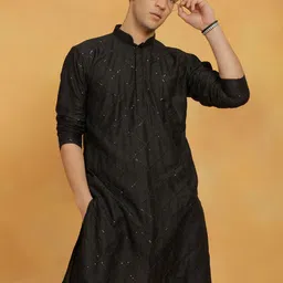 VASTRAMAY Floral Embroidered Sequinned Mandarin Collar Straight Kurta-picture-17