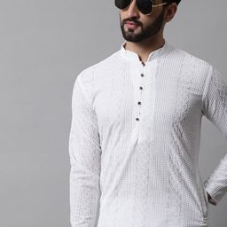 Jompers Men White Cotton Embroidered Chikankari Kurta-picture-16