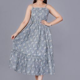 ao services Floral Printed Shoulder Strap Fit and Flare Pleated Cotton Midi Dress-picture-8