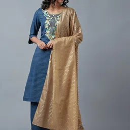 AURELIA Women Blue & Gold-Toned Floral Thread Work Anarkali Kurta-image-25