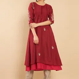 Soch Women Maroon Ethnic Motifs Embroidered Thread Work Silk Anarkali Kurta-image-37