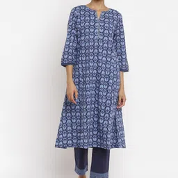 Folk Song Folksong Collection Women Blue Printed Keyhole Neck Floral Handloom Anarkali Kurta-image-26