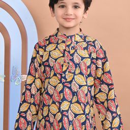 Superminis Boys Floral Printed Mandarin Collar Cotton Straight Kurta-picture-4