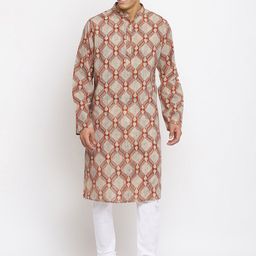 Fabindia Men Beige & Orange Geometric Printed Cotton Kurta-picture-32