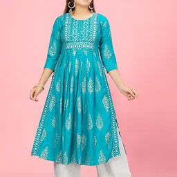 BAESD Girls Ethnic Motif Printed Mirror Work Cotton A-Line Pleated Kurta-image-54