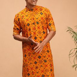 VASTRAMAY Men Yellow & Yellow Ethnic Motifs Cotton Printed Kurta-picture-4