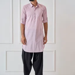 See Designs Shirt Collar Striped Pure Cotton Pathani Kurta-picture-18