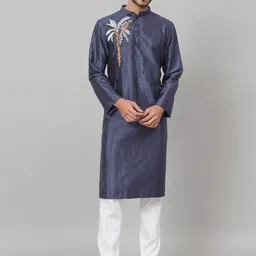 HILO DESIGN Floral Embroidered Mandarin Collar Cotton Silk Straight Kurta-picture-17