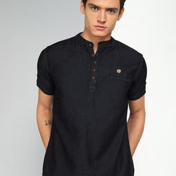 Kuons Avenue Band Collar Short Sleeve Denim Short Kurta-picture-17