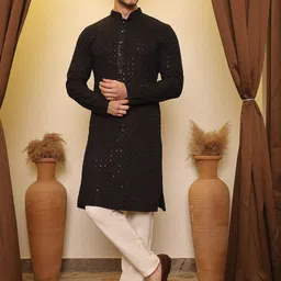 House of Pataudi Ethnic Motifs Embroidered Mandarin Collar Sequinned Straight Kurta image 3