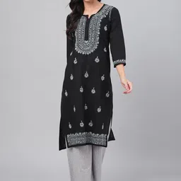 ADA Women Black & Grey Chikankari Hand Embroidered Straight Sustainable Handloom Kurta-picture-29