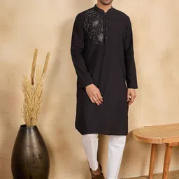 House of Pataudi Floral Embroidered Beads and Stones Mandarin Collar Cotton Straight Kurta-picture-14