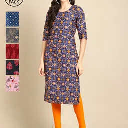 7threads 1 Stop Fashion Women Pack of 6 Digital Printed Crepe Straight Kurtas image 1