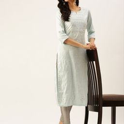 SHOWOFF Women Blue Ethnic Motifs Striped Straight Kurta-picture-35