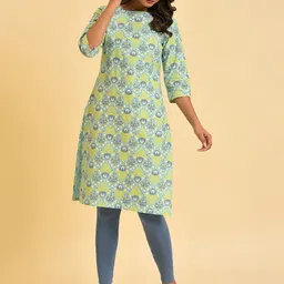 W Green & Yellow Ethnic Motifs Printed Pure Cotton Kurta-image-44