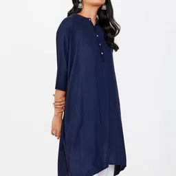 Global Desi Mandarin Collar Asymmetric Hem A-Line Kurta image 1